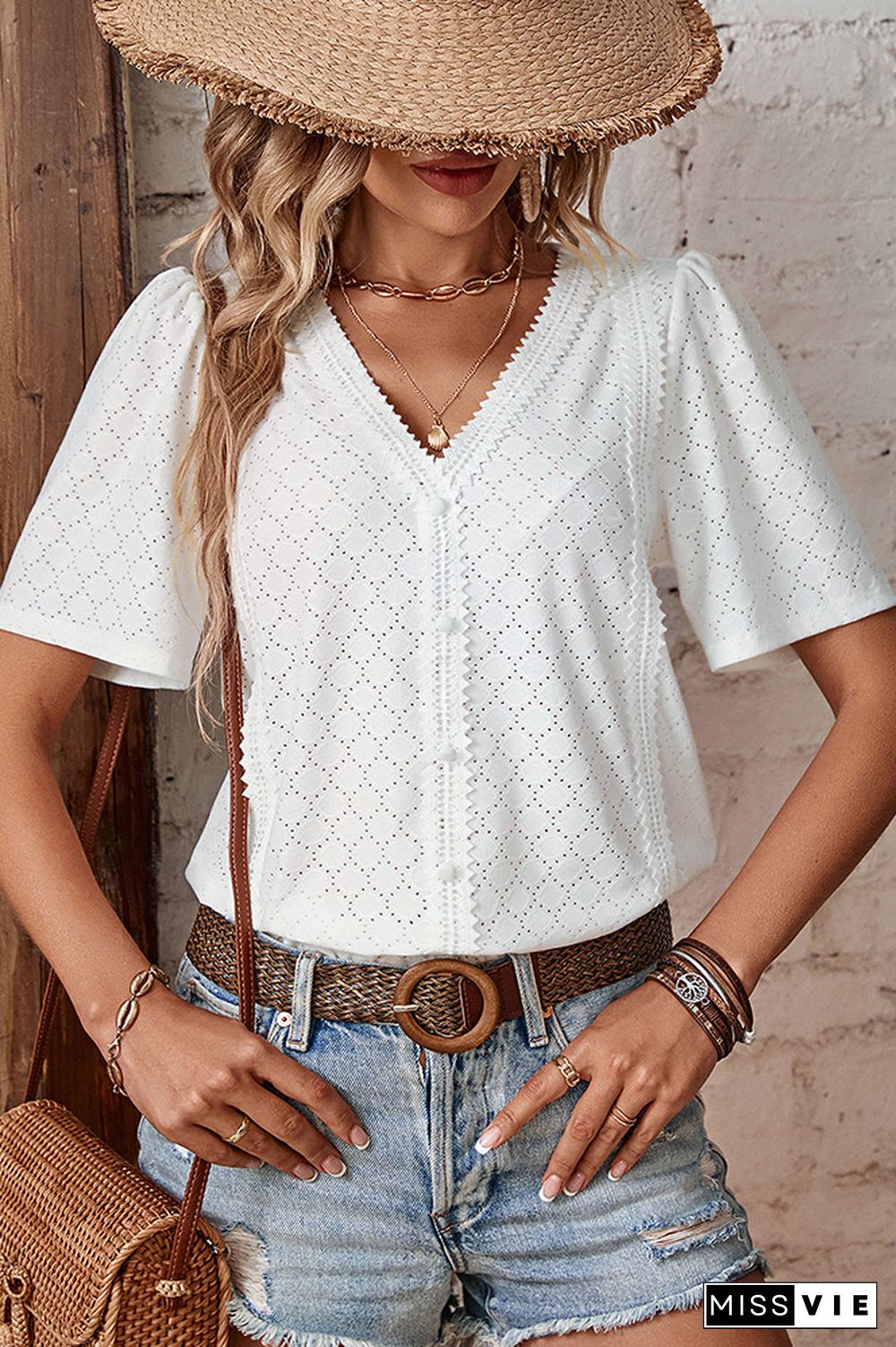 Plain V Neck Lace Edge Textured Buttoned Blouse