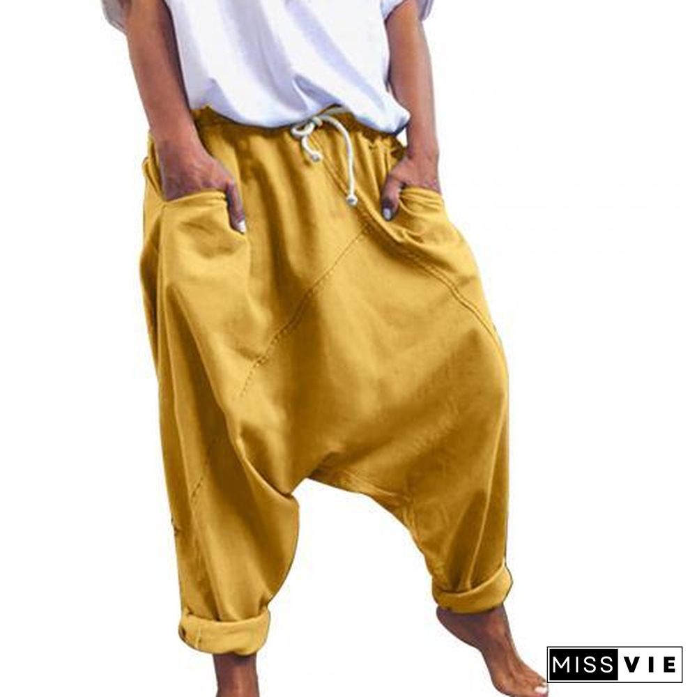 Women Casual Drawstring Pockets Drop Crotch Baggy Long Trousers Harem Pants P16400