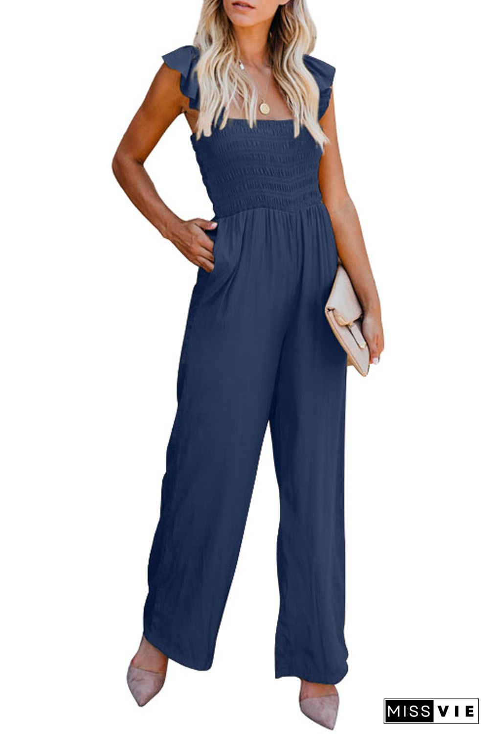 Blue Flutter Sleeve Smocked Wide Leg Jumpsuit