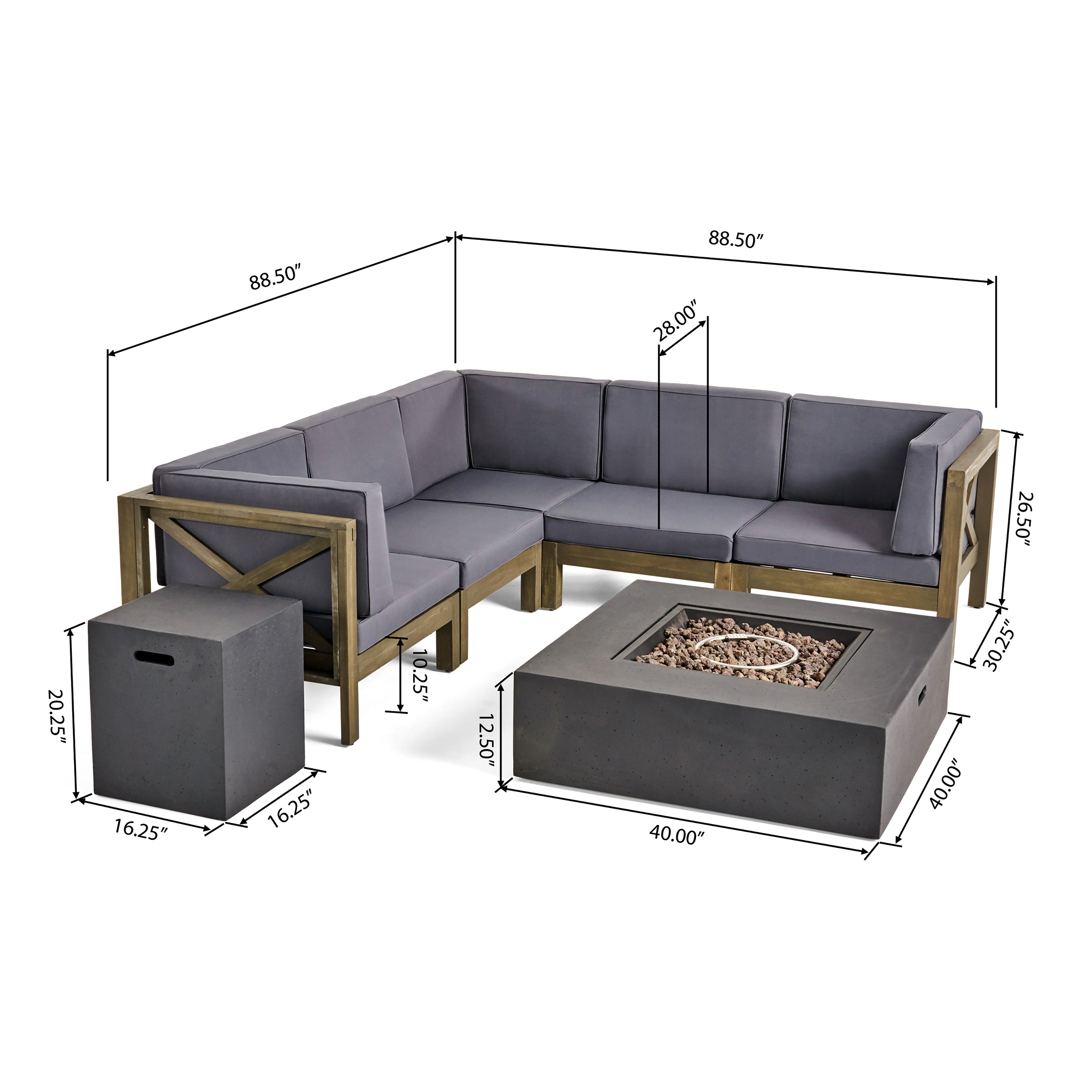 Kaylee Outdoor Acacia Wood 5 Seater Sectional Sofa Set with Fire Pit