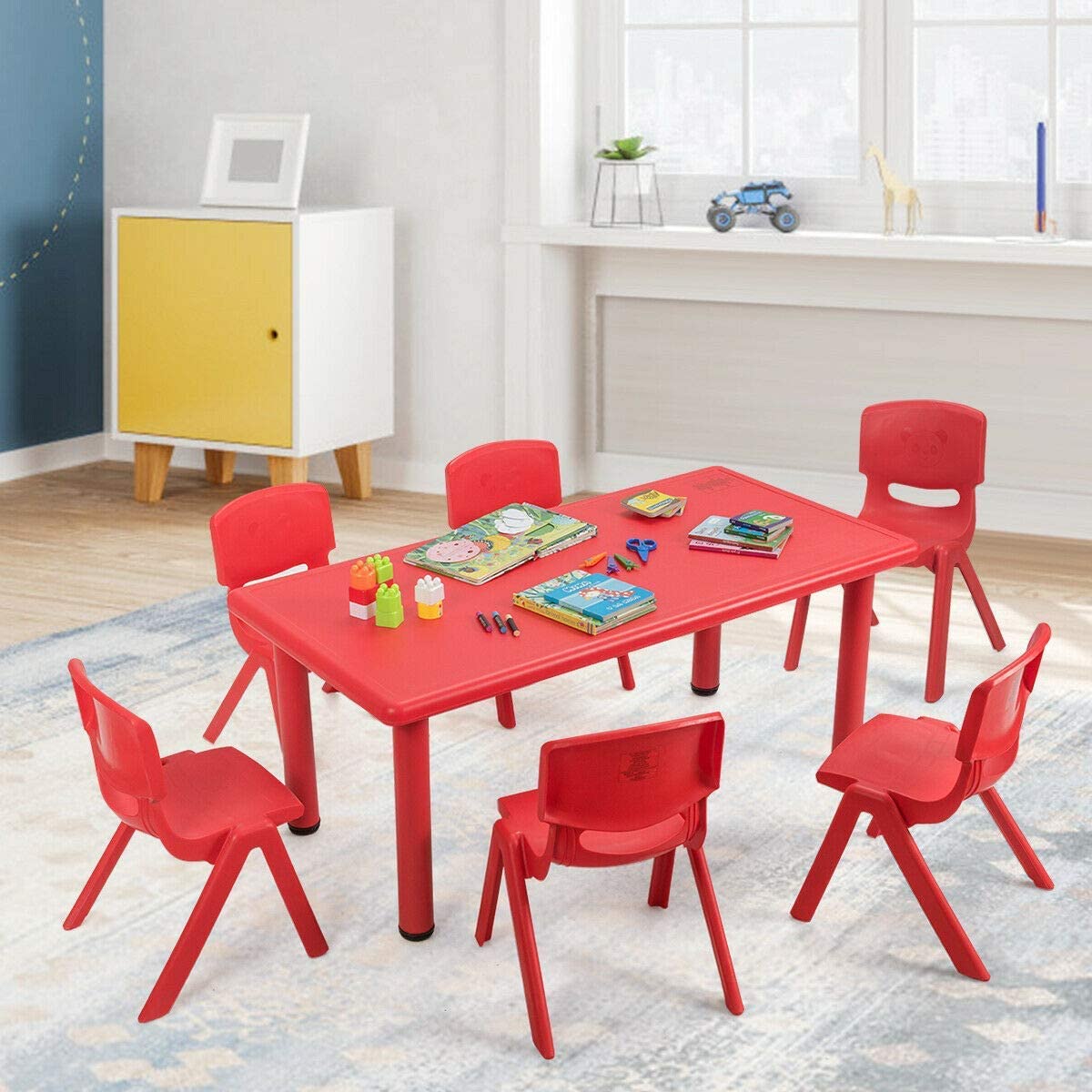 Costzon Kids Table and Chair Set, 6 Pcs Stackable Chairs, 47 x 23.5 Inch Rectangular Plastic Activity Table (Red)