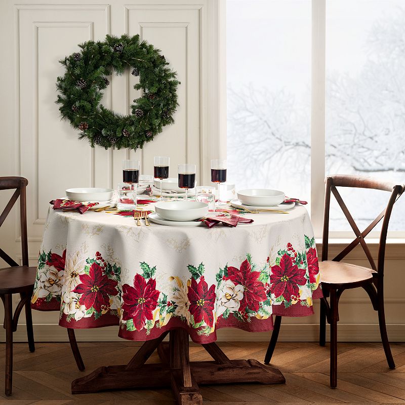 Elrene Home Fashions Poinsettia Garlands Engineered Oval Tablecloth