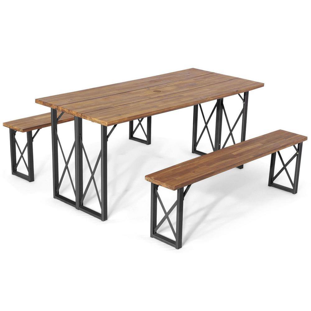 WELLFOR 67 in. L 6-Person Acacia Wood Picnic Table Bench Set with 2 in. Umbrella Hole KC-HGY-55469+