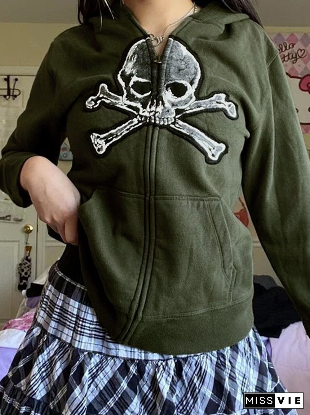 Vintage Skull Graphic Zip Up Hoodie