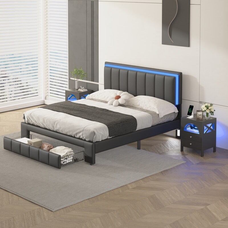 3 Pieces Bedroom Sets  Queen Size Upholstered Bed with 2 Nightstands  LED Lights and Motion Activated Night Lights