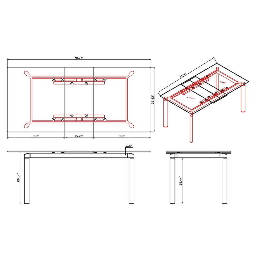 Somette Tamra Black Pop Up Extension Glass Dining Table