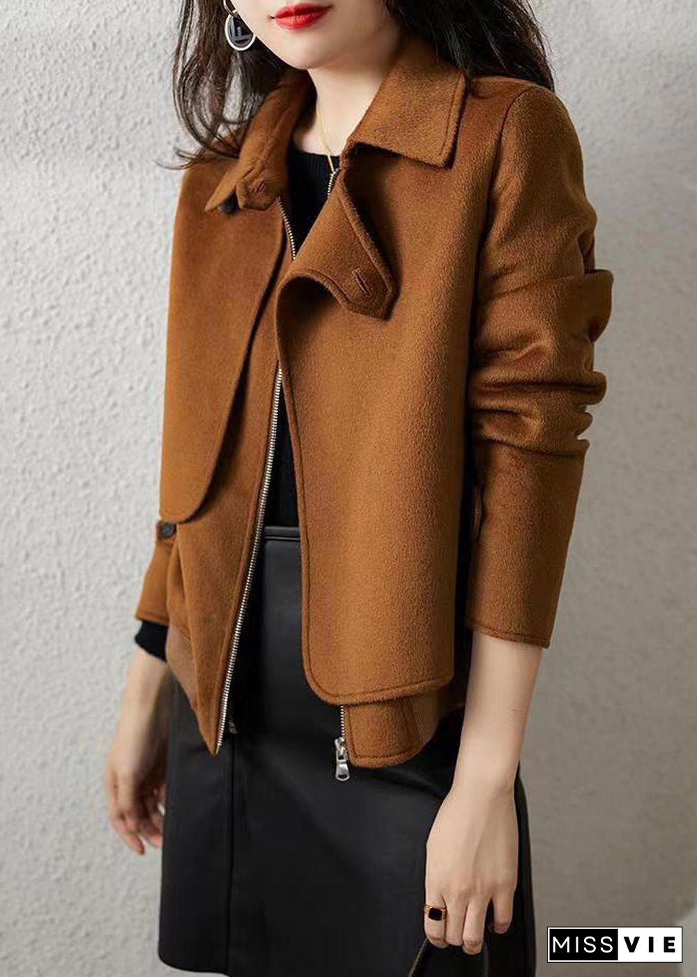 French Brown Zip Up Button Patchwork Woolen Coats Fall