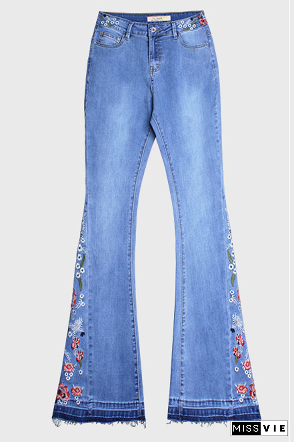 Bleach Embroidered Side Bell Bottom Flared Jeans Wholesale Boutique