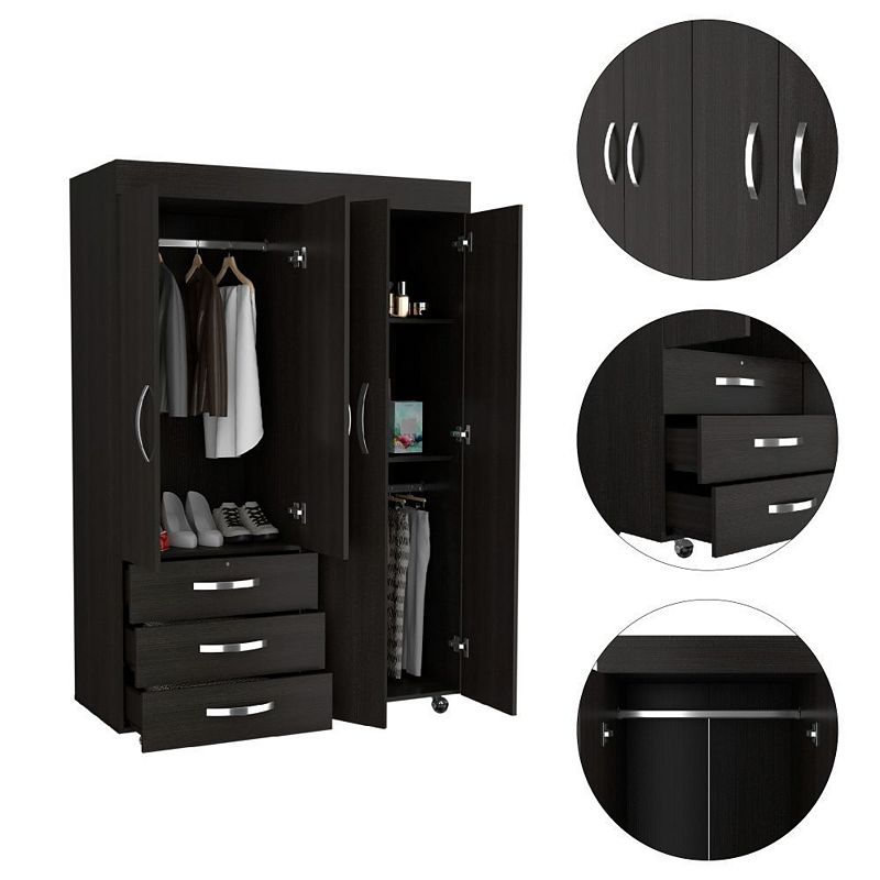 DEPOT E-SHOP Hamilton Mobile Armoire， Double Door Cabinet， Three Drawers， Rods， Two Shelves， Black