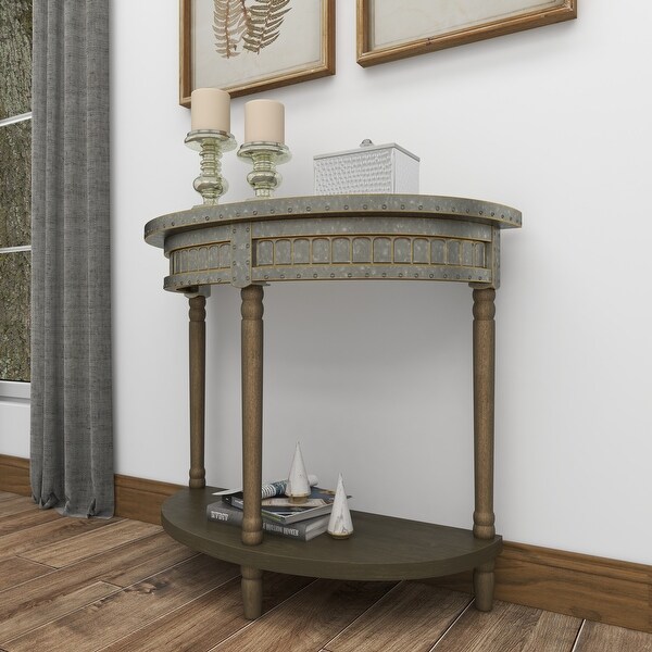 Beige Wood and Iron Metal Half Moon Farmhouse Console Table