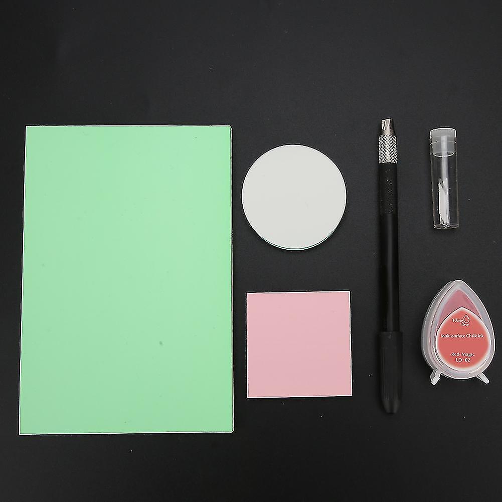 DIY Rubber Stamp Beginner Kit Water Drop Shape Ink Pad Carving Knife Spare Blades(Black )