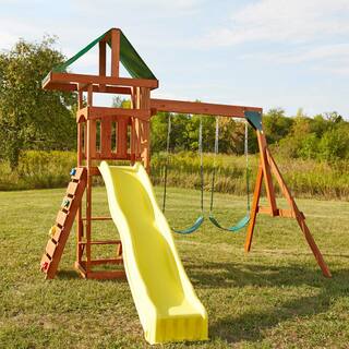 Swing-N-Slide Playsets Scrambler Deluxe Complete Wooden Outdoor Playset with Slide Rock Wall Swings and Backyard Swing Set Accessory PB 8000