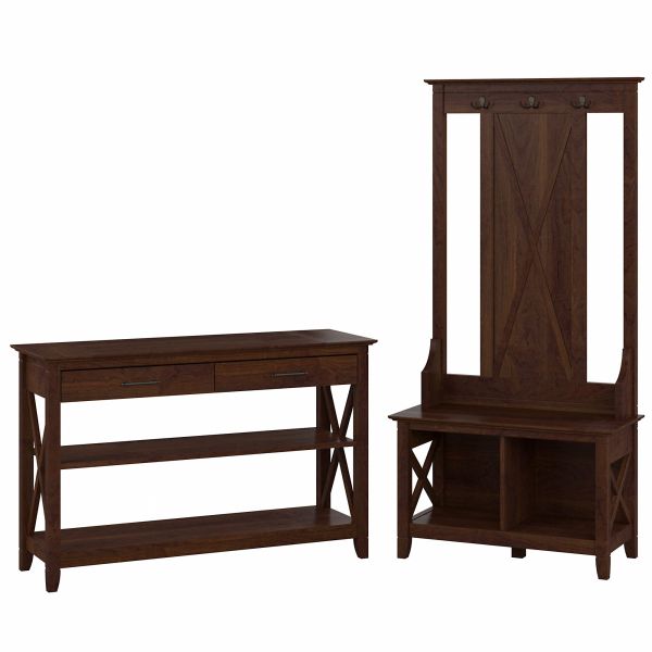 Bush Furniture Key West Entryway Storage Set with Hall Tree， Shoe Bench and Console Table in Bing Cherry