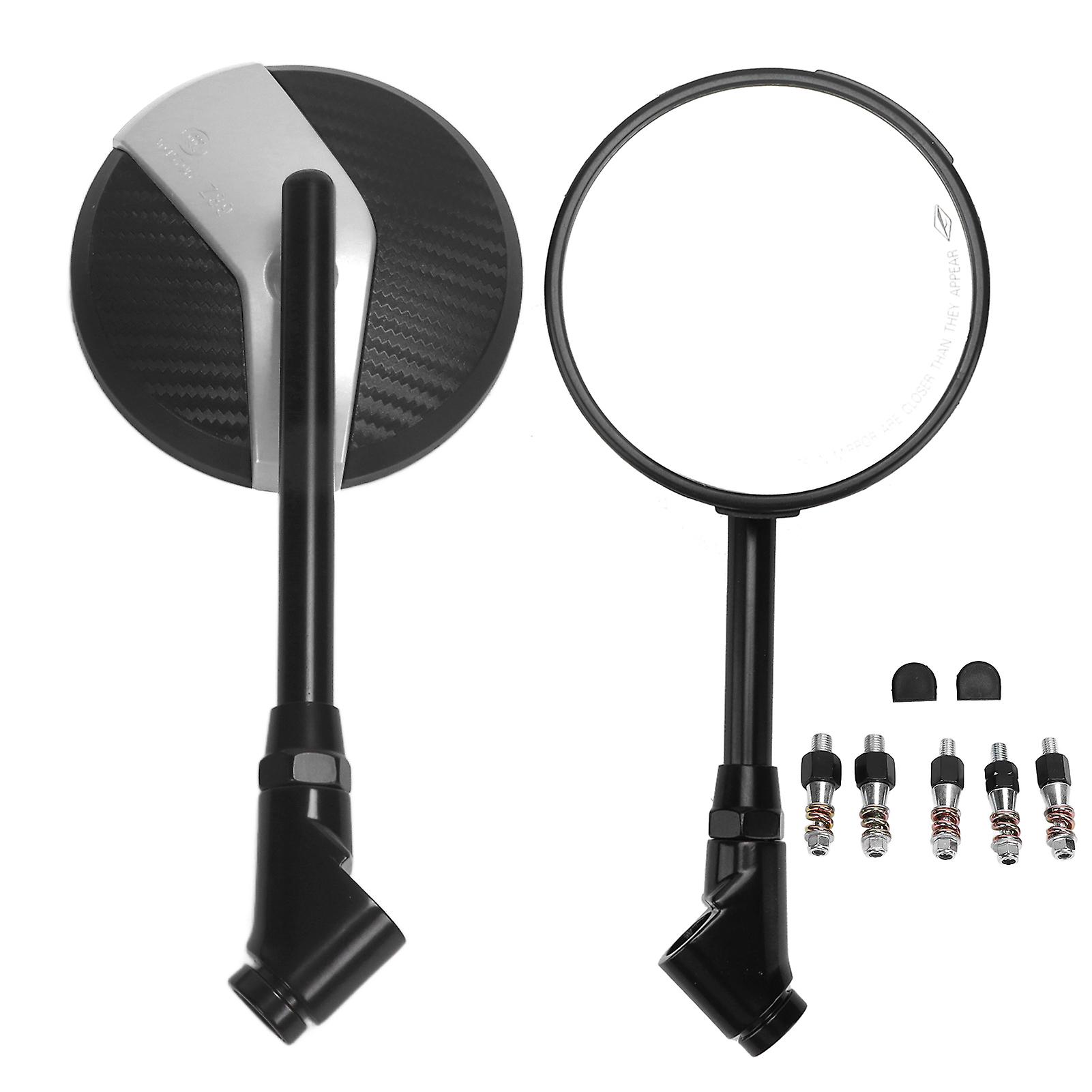 Motorcycle Rearview Mirror Round Carbon Fiber Style 360 Degrees Rotatable Universal For 8mm/10mm Basesilver