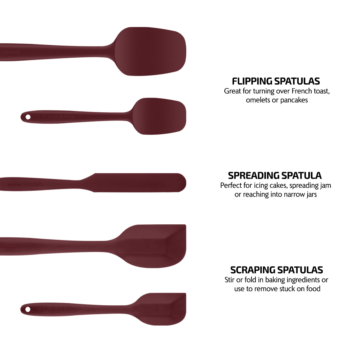 Ovente 5 Pieces Non-Stick Silicone Spatula Set with Heat Resistant & Stainless Steel Core, Dishwasher Safe Premium Utensils with Seamless Design Perfect for Baking Cooking & Mixing, Red SP12305R