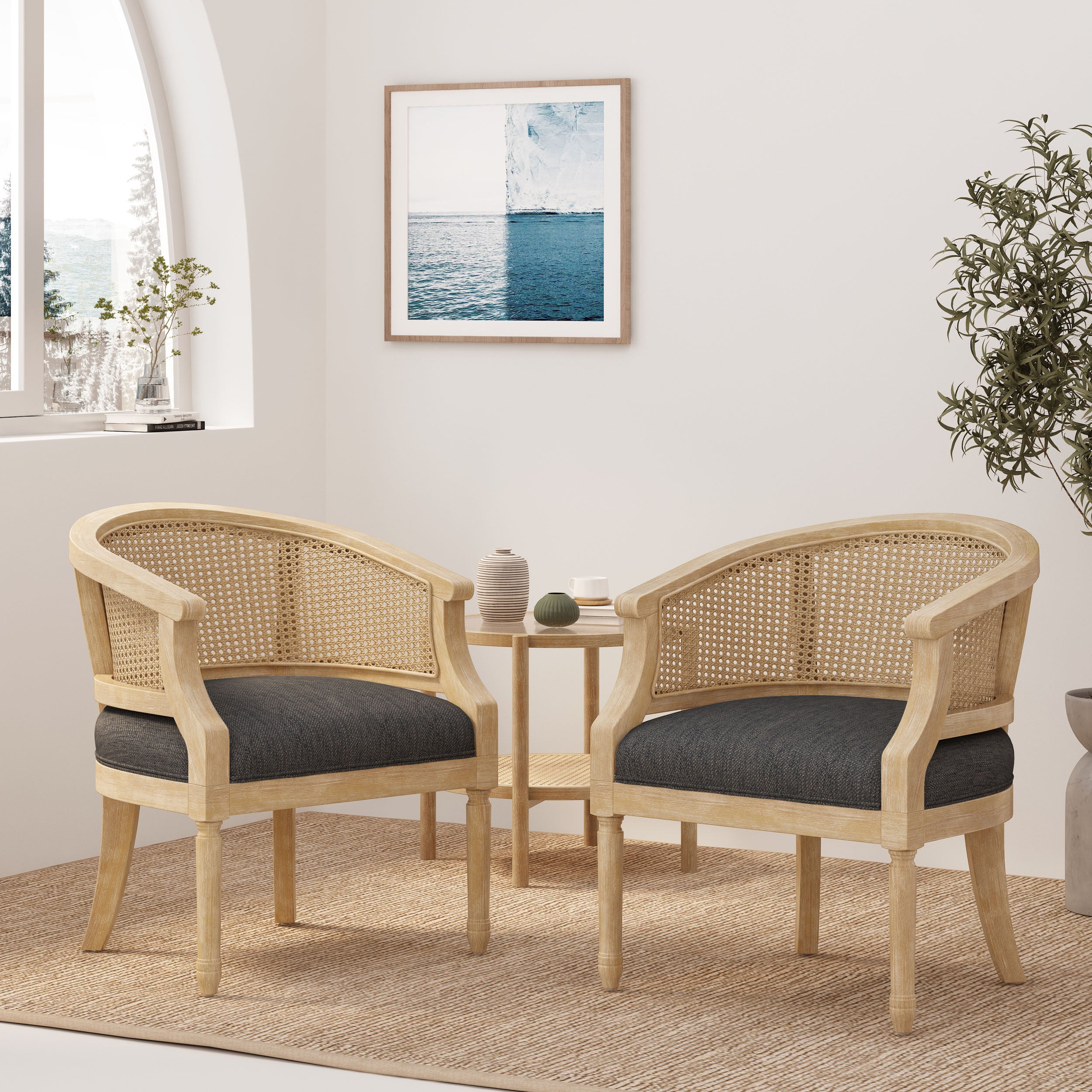 Velie French Country Wood and Cane Accent Chairs, Set of 2