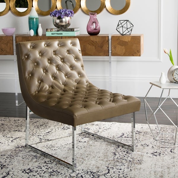 SAFAVIEH Mid-Century Modern Glam Hadley Tufted Leather Antique Taupe Club Chair - 25