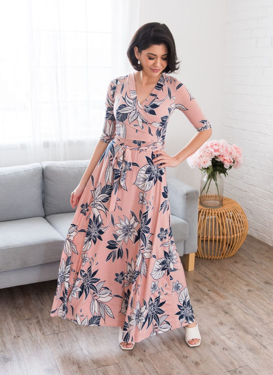 Crystal blush floral navy silhouette plain maxi dress