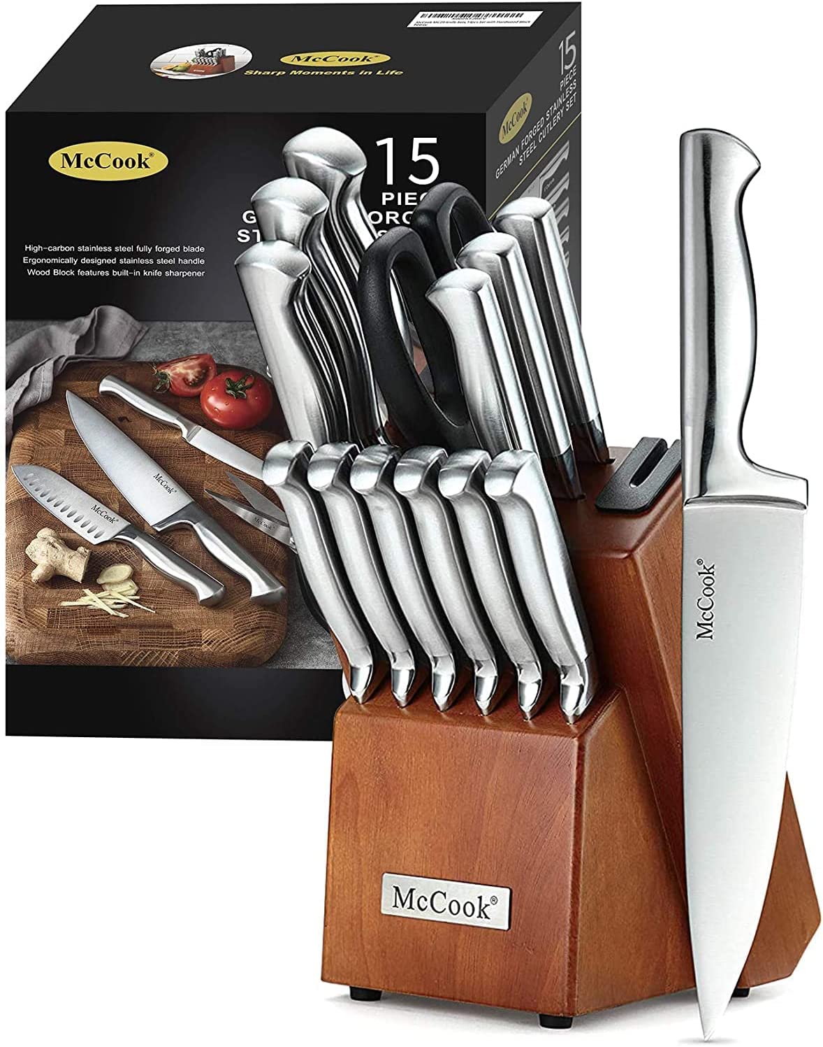 McCook MC29 Knife Sets，15 Pieces German Stainless Steel Kitchen Knife Block Sets with Built-in Sharpener