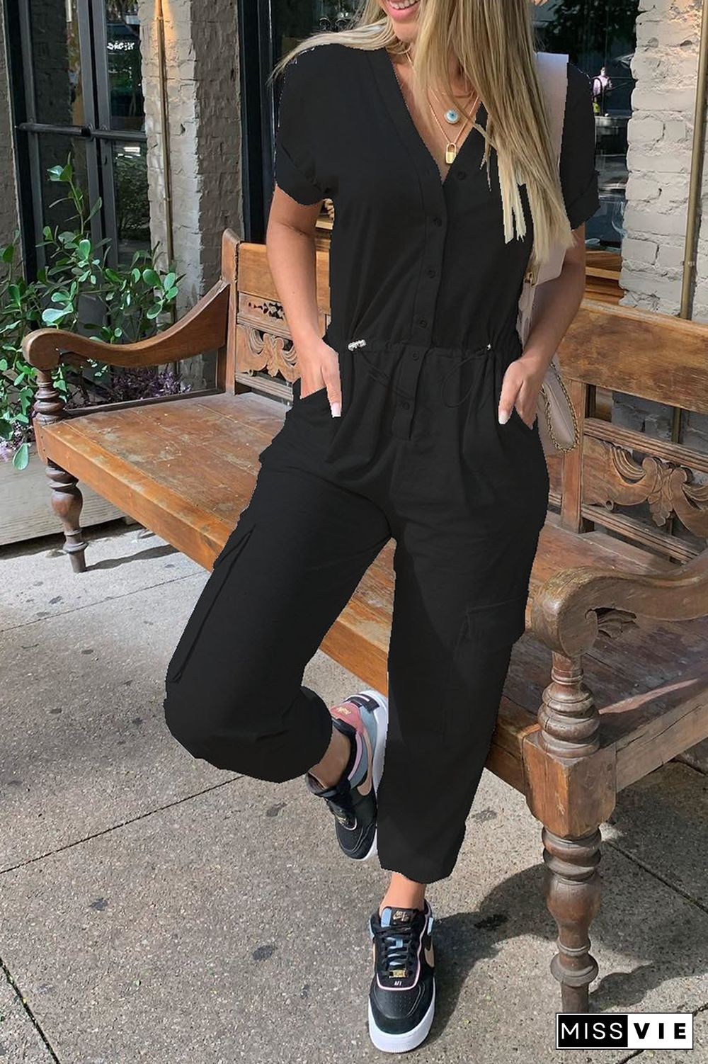 Button Drawstring Pockets Jogger Jumpsuit