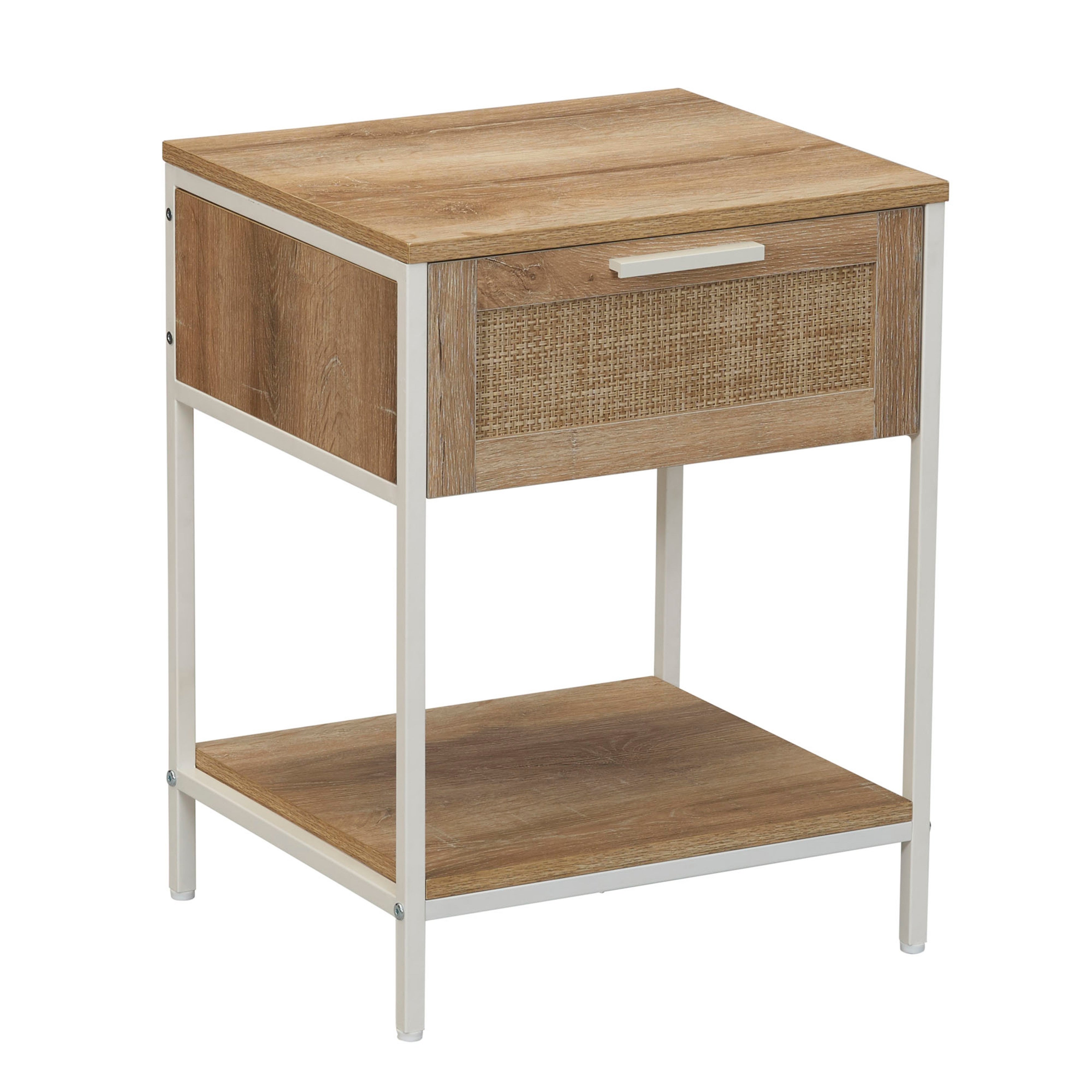 Woven Rattan End Table， Coastal Oak