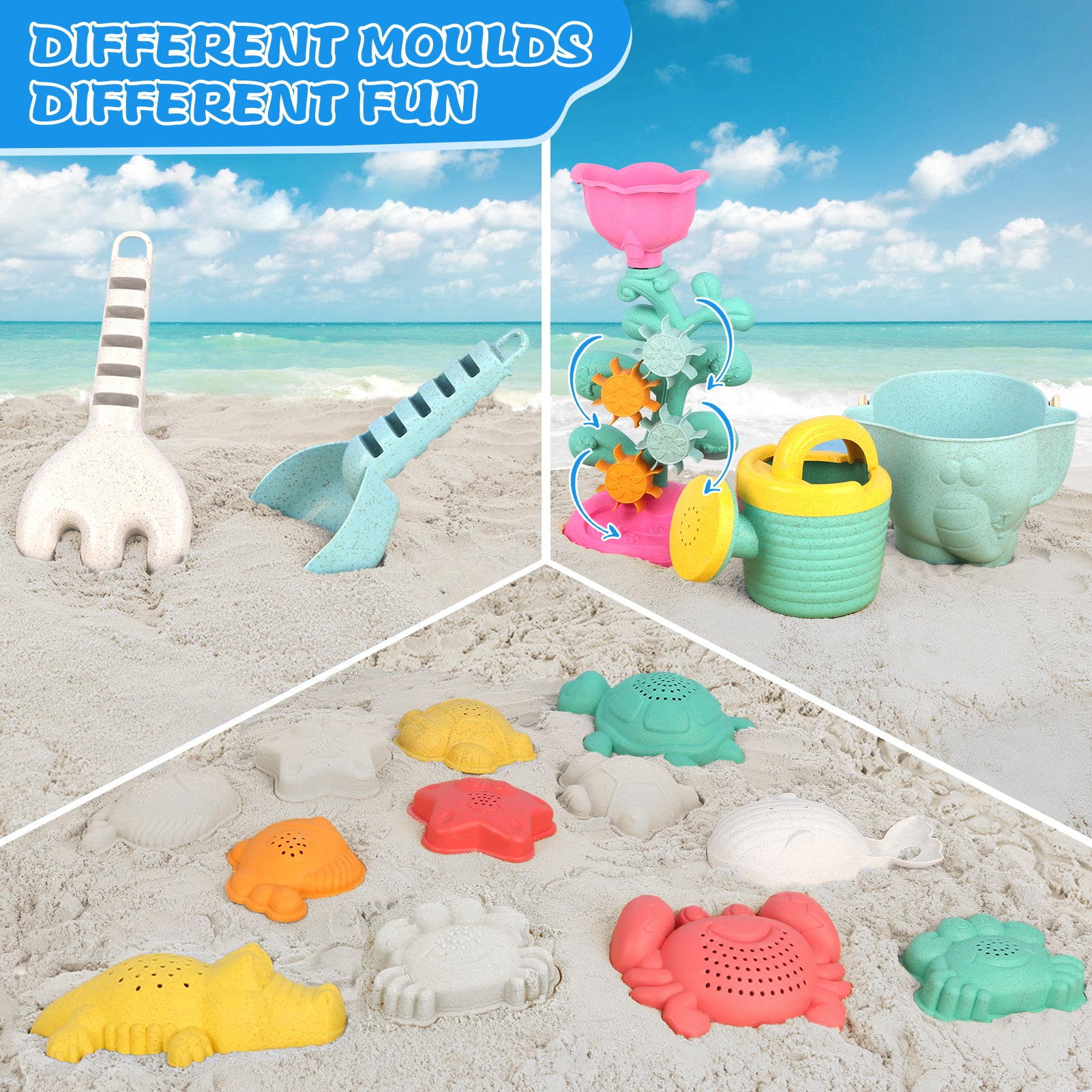 Dreamon Beach Toys Set Sand Toy for Kids 14 Pcs Flower Water Wheel Animal Molds, Gifts for Kid Ages 4 to 8