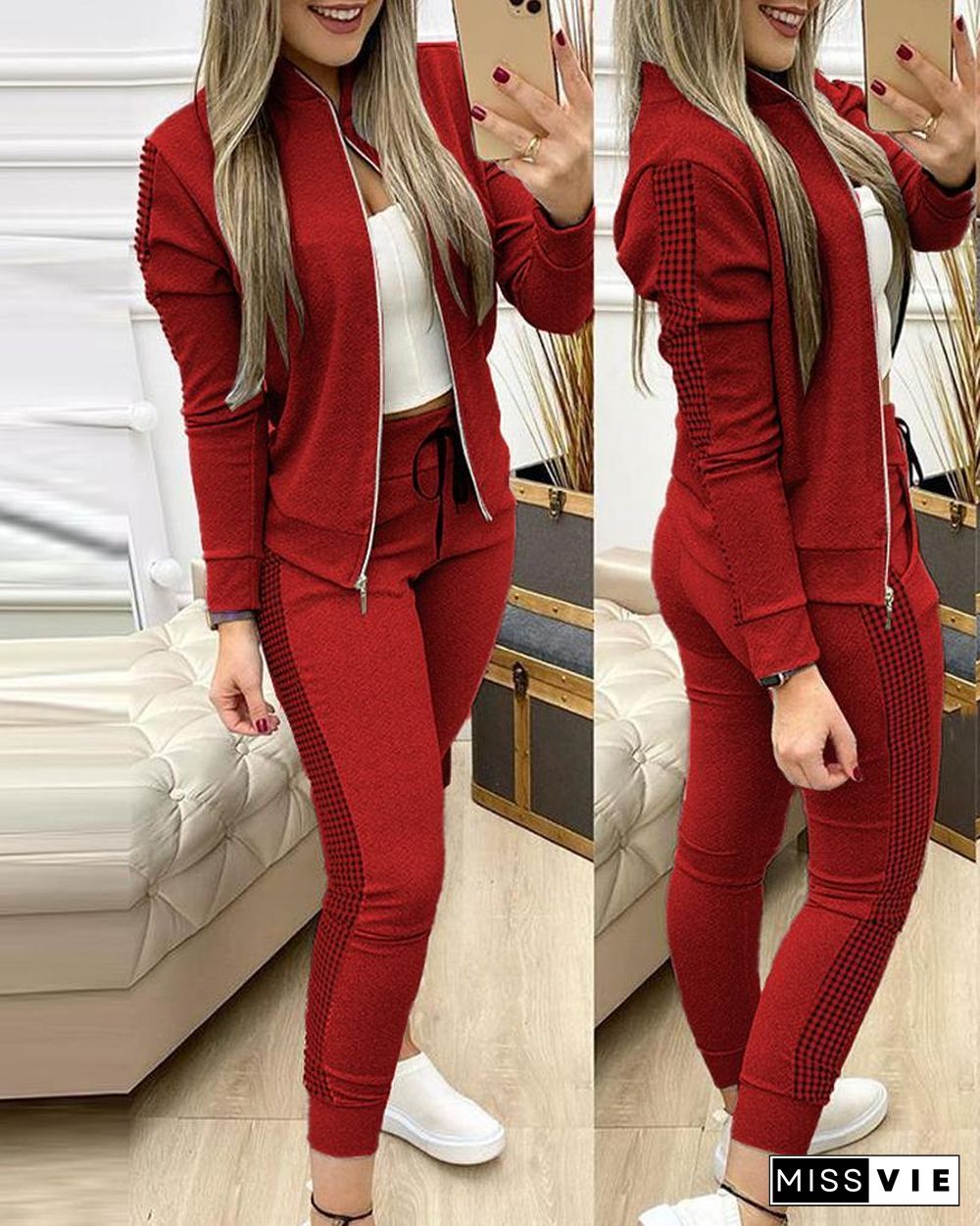 Contrast Plaid Jacket & Drawstring Pants Set P11046