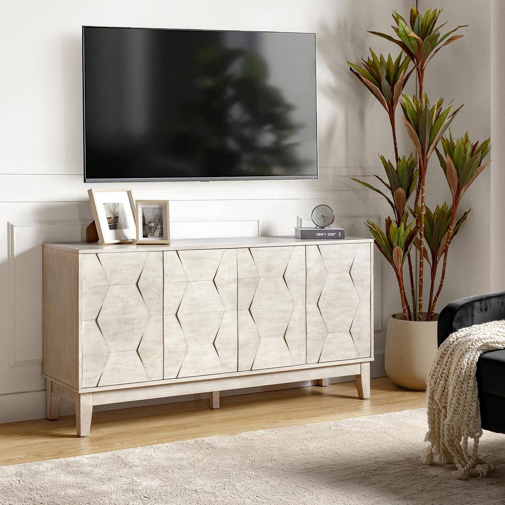 JAYDEN CREATION Kamis Modern White 60 in. Hexagonal Embellishments Sideboard with Solid Wood Legs SBHM0574-WHITE