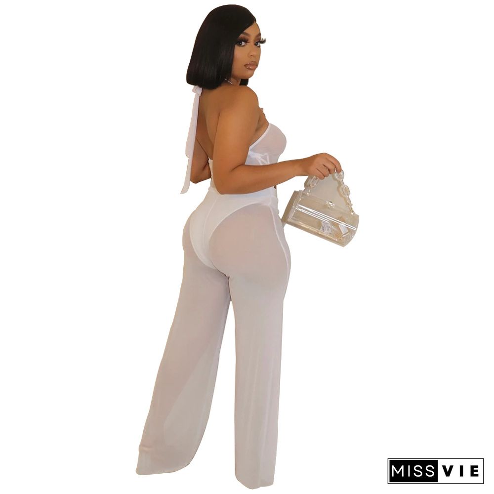 Sheer Mesh Hollow Out Halter Wide Leg Jumpsuit