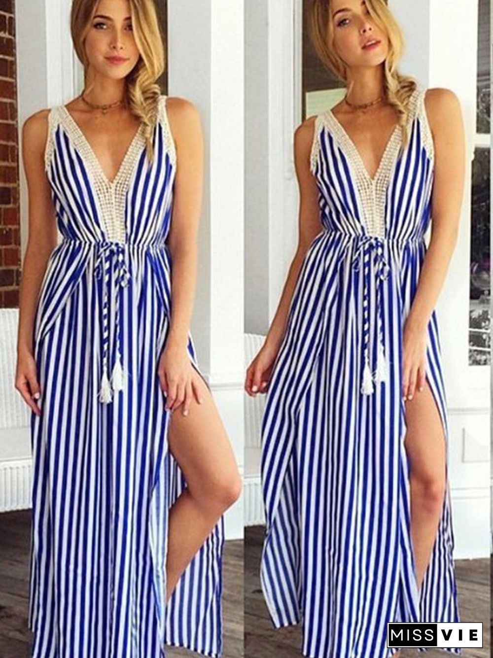 Women's Vest Long Skirt Stripe Printing Sexy Dress