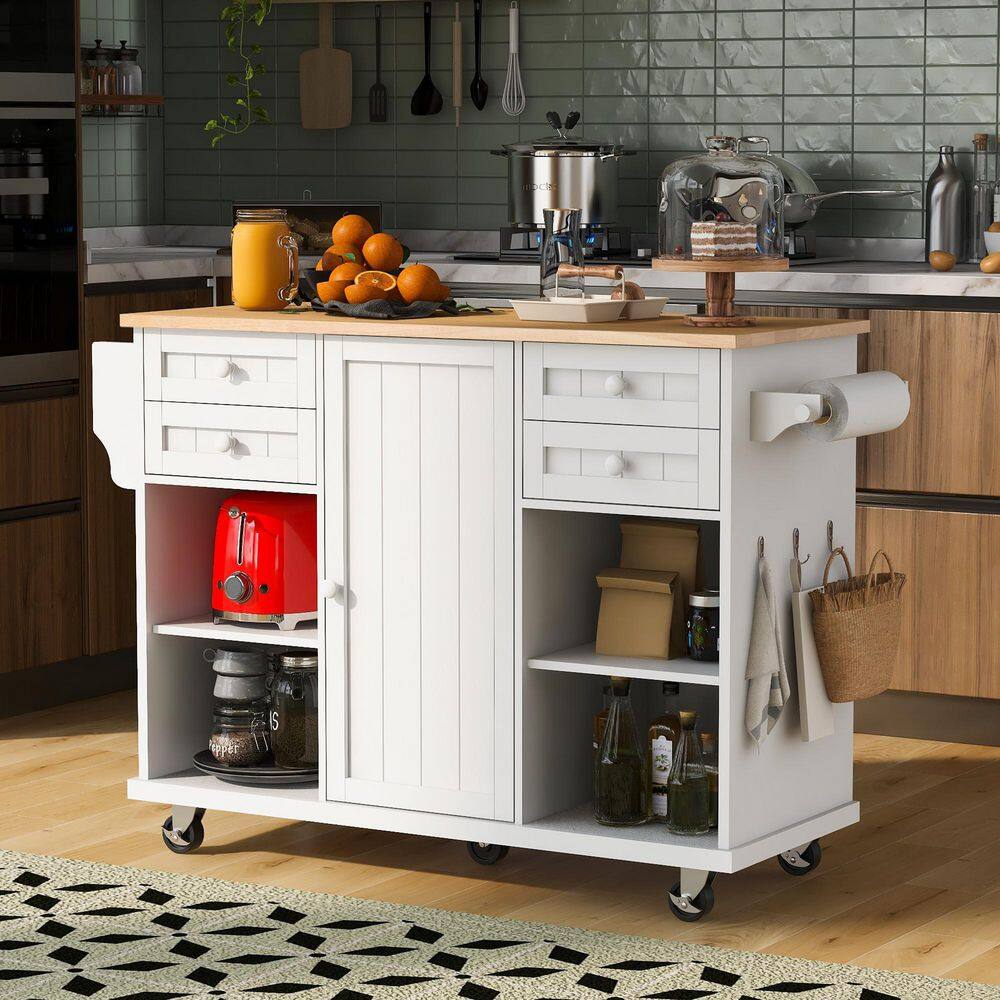 kitchen Island Cart with Spice Rac Towel Rack Drawer Rubber Wood Desktop 5 Wheels Including 4 Lockable Wheels In White KITCHENBLACK09