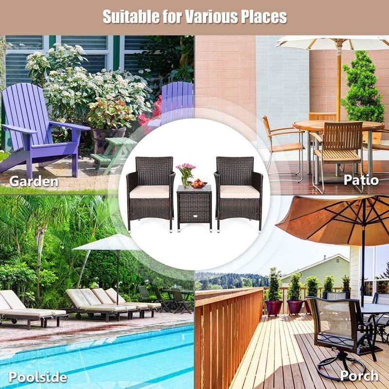 3 Pcs Rattan Patio Conversation Set Wicker Outdoor Furniture Set with Coffee Table & 2 Cushioned Sofa