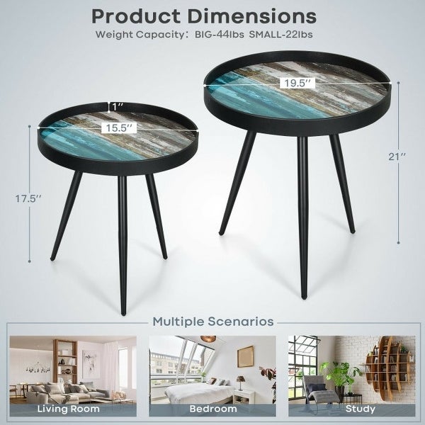 Set of 2 Stylish Nesting End Tables with Wooden Tray Top and Steel Legs-Black - 19.5(φ) x 21(H); 15.5(φ) x 17.5(H)