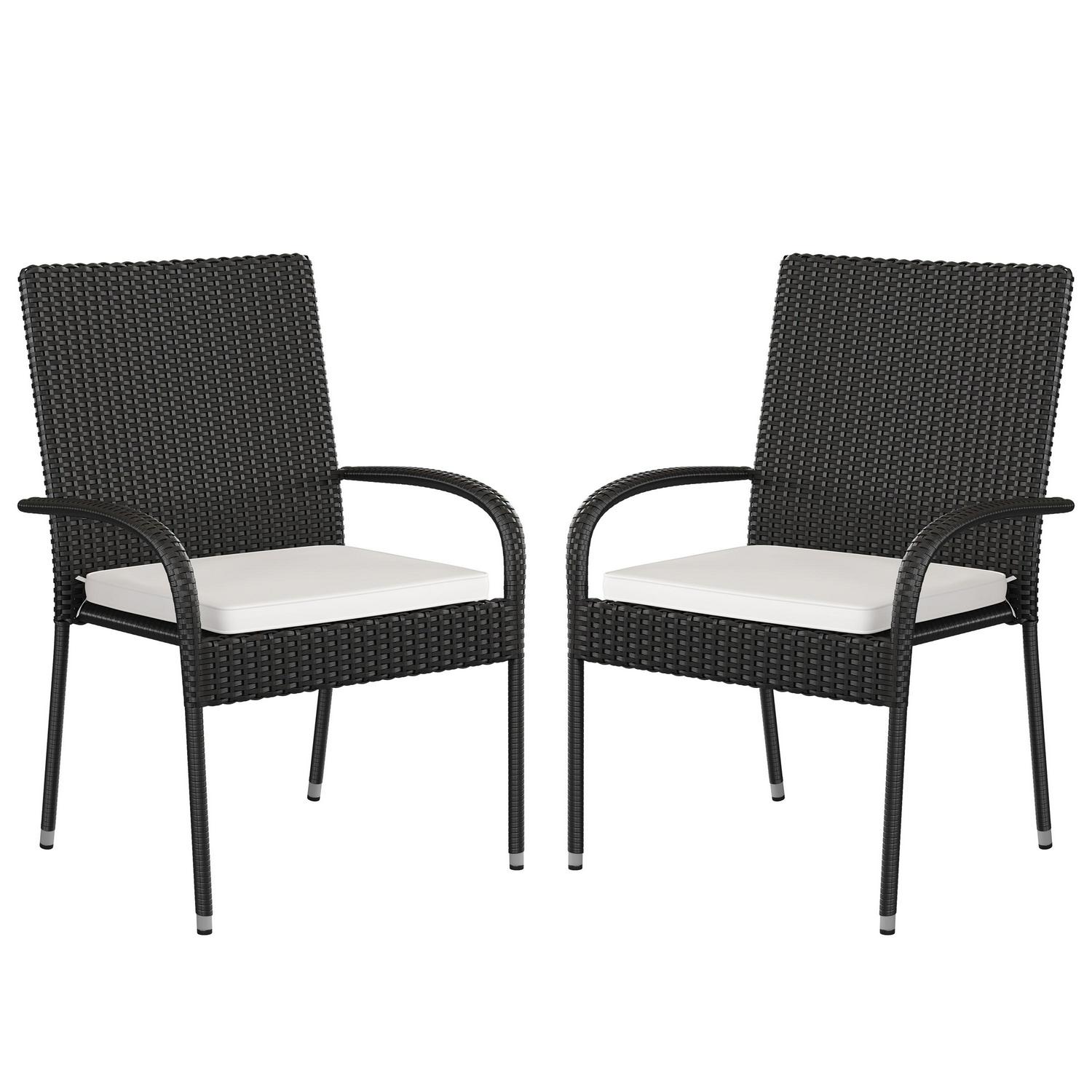 Flash Furniture Maxim Set of 2 Stackable Indoor/Outdoor Black Wicker Dining Chairs with Cream Seat Cushions  Fade and Weather-Resistant Materials