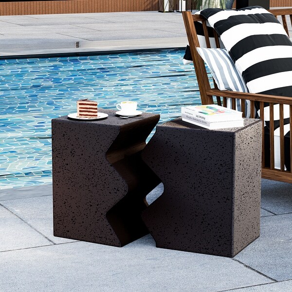 Outdoor Concrete Side Table w Spotted，Set of 2 Patio Rectangular End Table