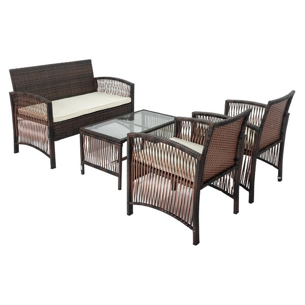 4 PCs Outdoor Patio Furniture Sofa Sets PE Rattan Wicker Sofa Chair Set Cushioned Seat with Glass Tabletop Coffee Table - Overstock - 37315895