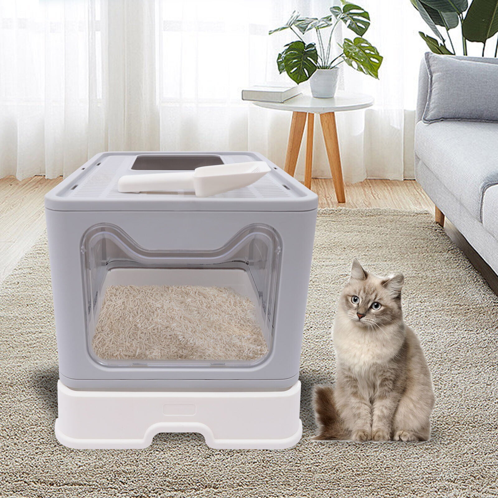 Miumaeov Cat Litter Box Foldable Semi-Enclosed Design Cat Litter Box with Lid Easy to Clean Kitty Litter Box with a Hangable Litter Scoop for Cats Under 22Lbs