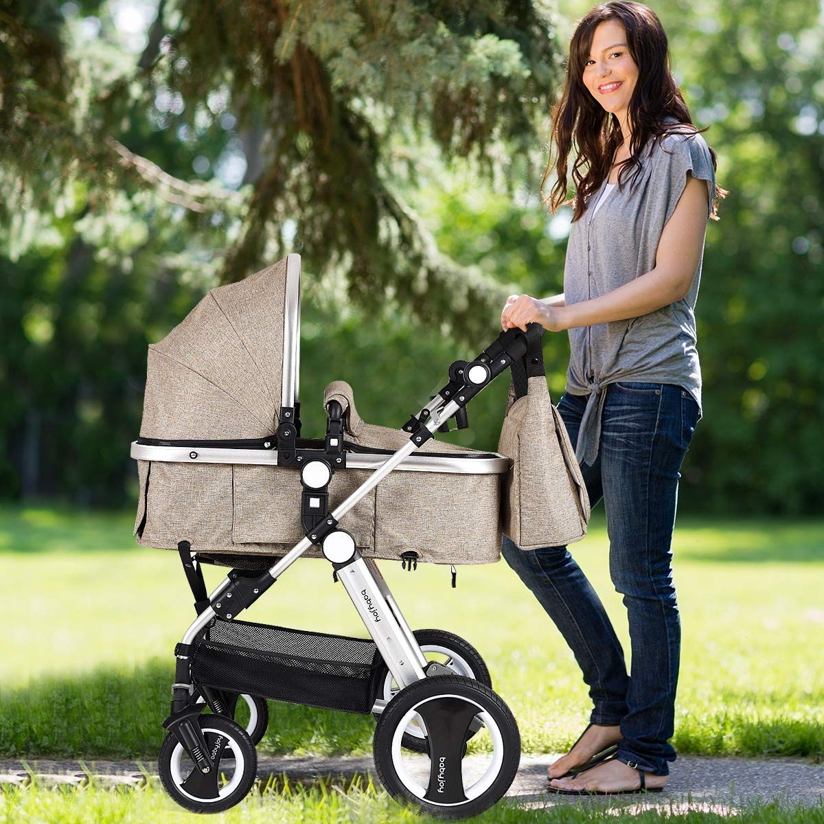 BABY JOY Baby Stroller, 2-in-1 Convertible Bassinet Reclining Stroller, Foldable Pram Carriage with 5-Point Harness