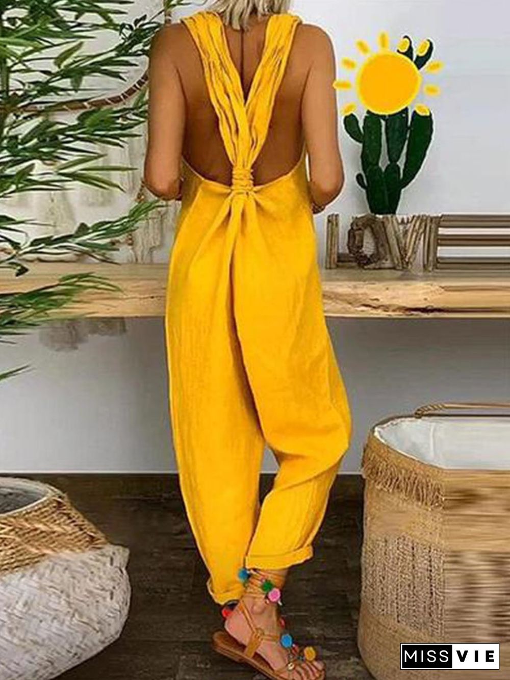 Solid Cross-back Cotton Linen Loose Jumpsuit P15114