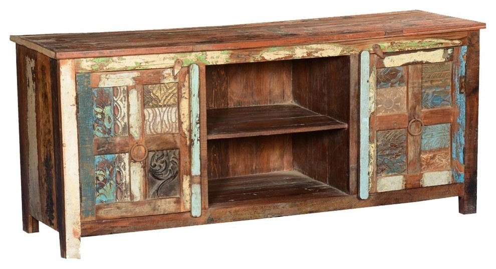 Frontier Rustic Hand Carved Reclaimed Wood TV Console Media Cabinet   Farmhouse   Entertainment Centers And Tv Stands   by Sierra Living Concepts Inc  Houzz