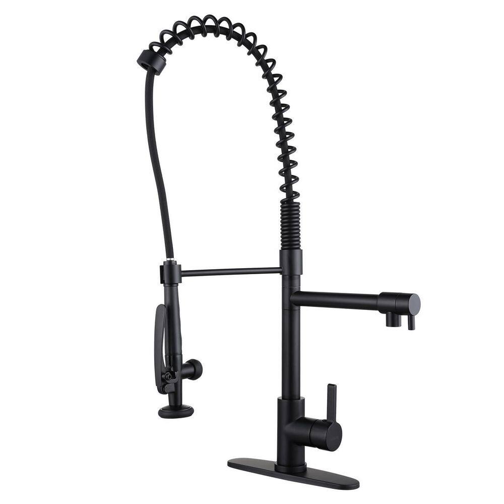 WOWOW Single-Handle Wall Mount Gooseneck Pull Out Sprayer Kitchen Faucet with Included Supply Lines in Matte Black 2312000B-AMUS