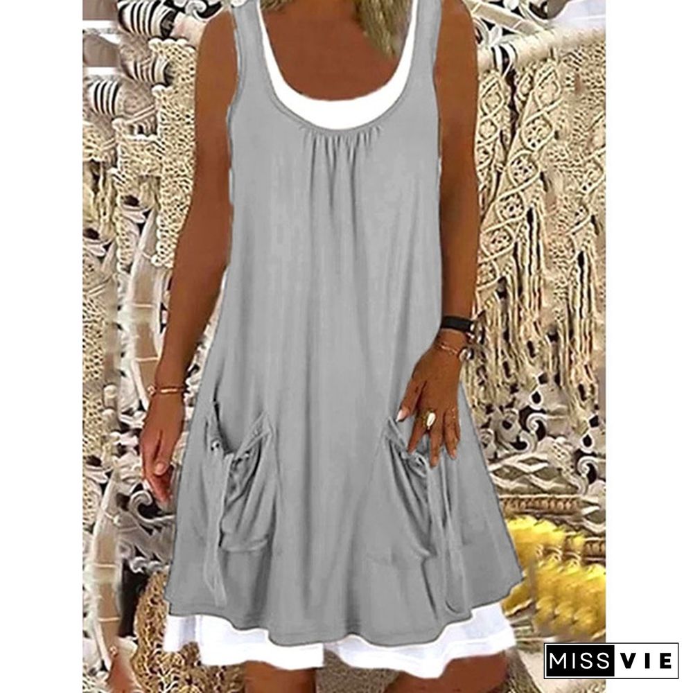 Xs-8Xl Summer Dress Plus Size Fashion Clothes Women's Casual Beach Wear Sleeveless Tank Top Dresses With Pockets Ladies Off Shoulder Stiching Layered Party Dress O-Neck Cotton Blending Loose Dress