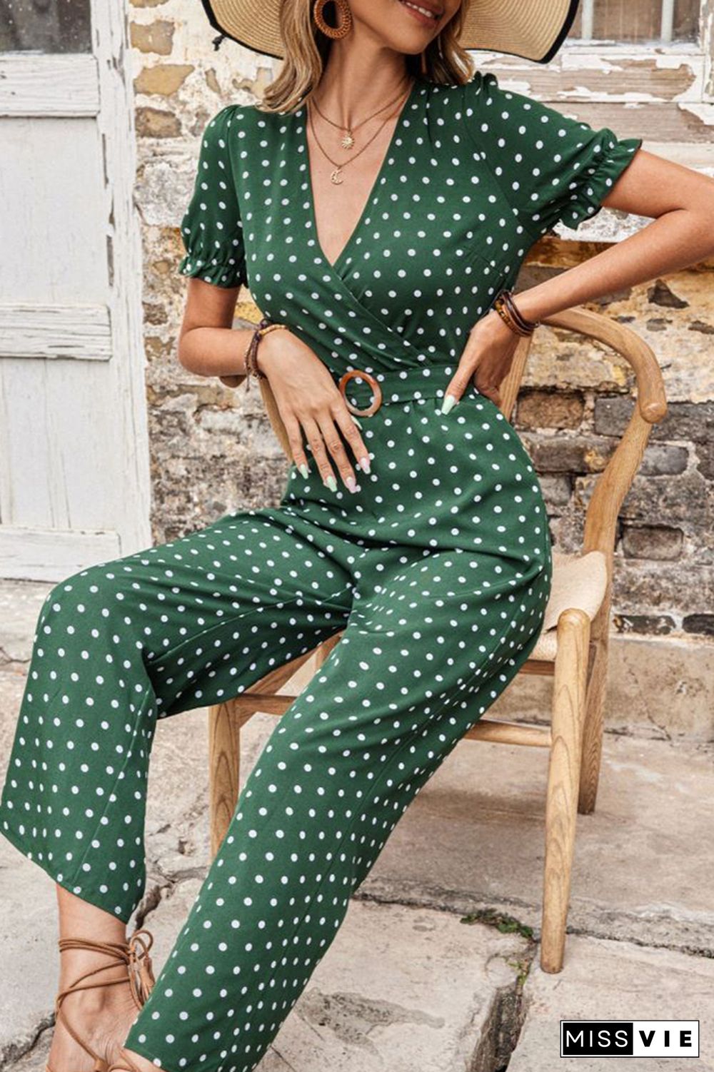 Polka Dot V Neck Jumpsuit Wholesale