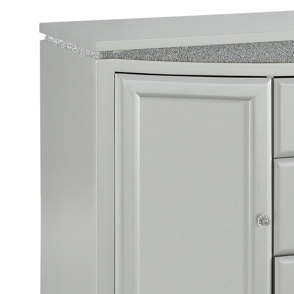 3 Drawer and 2 Door Wooden Server with Crystal Accent， Silver