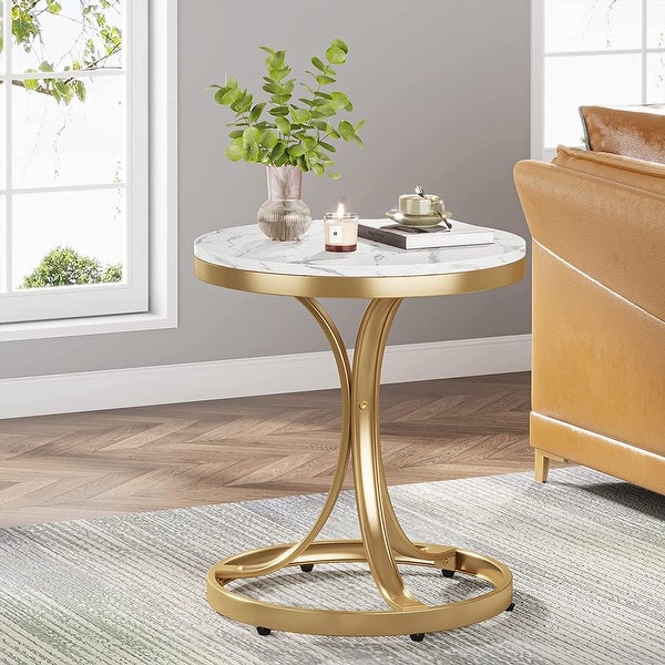 White/ Gold Modern Round End Side accent Table with Faux Marble Top， C Shaped Gold Legs Entryway Tables