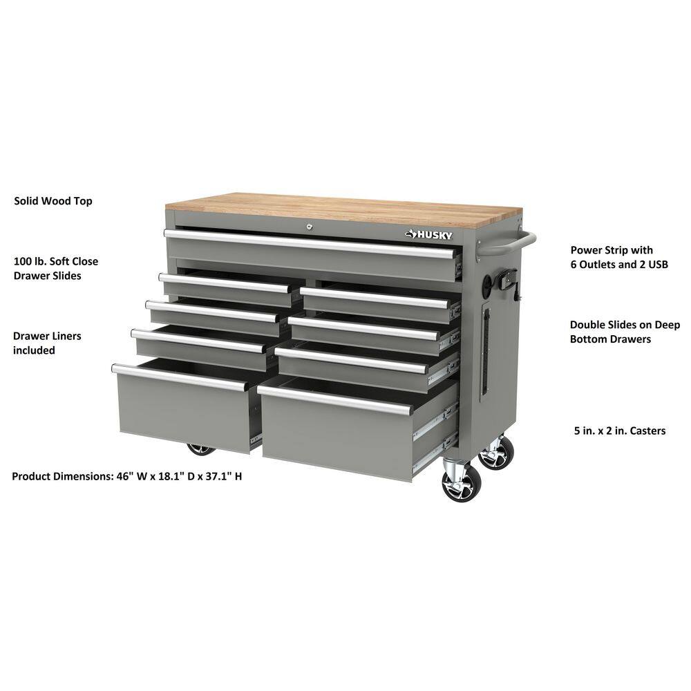 Husky 46 in. W x 18 in. D 9-Drawer Gloss Gray Mobile Workbench Cabinet with Solid Wood Top H46X18MWC9GRY