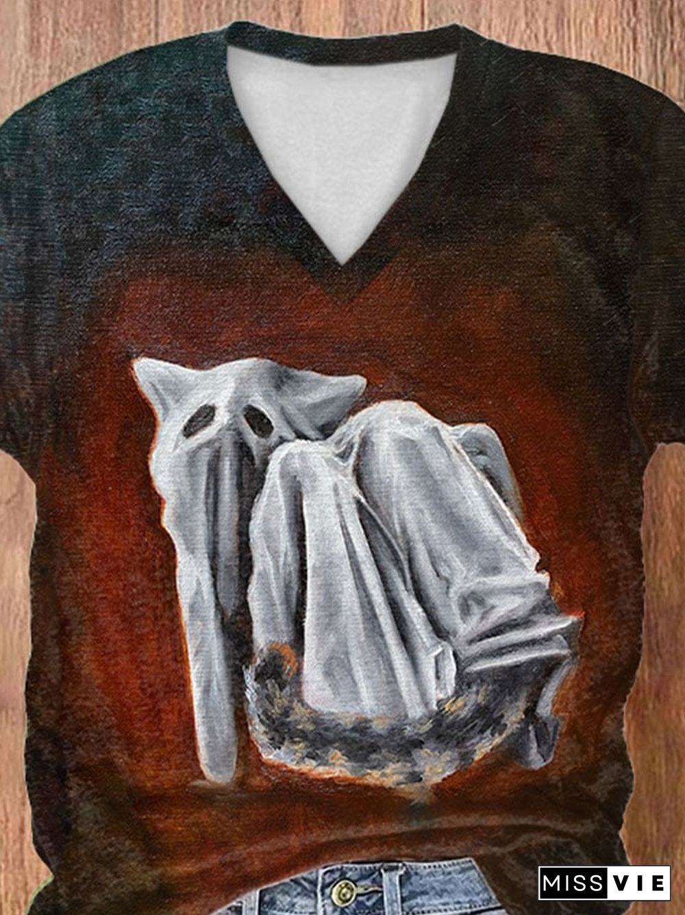 V-neck Retro Ghost Cat Oil Painting Print T-Shirt