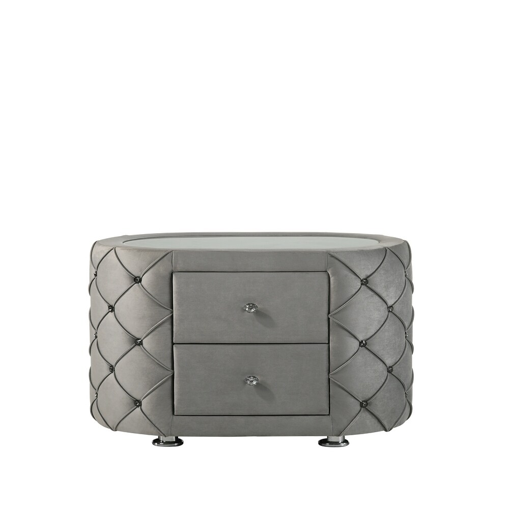 Bedroom Gray Velvet Nightstand with 2 Drawers