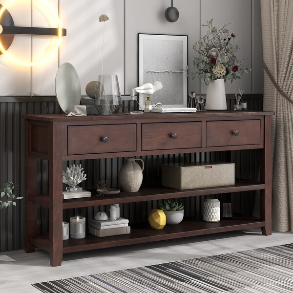 Retro Design Console Table with Two Open Shelves， Pine Solid Wood Frame and Legs for Living Room