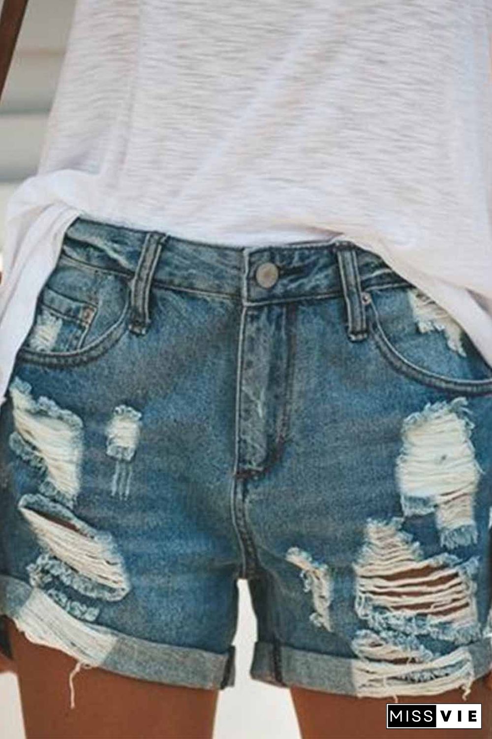 Fashion Street Ripped Denim Straight Shorts